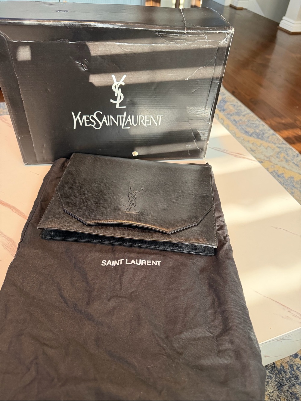 Saint Laurent Black Leather Envelope Clutch with Embossed YSL